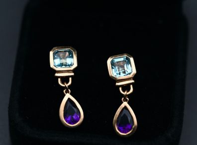 Vintage 1960/70 Topaz & Amethyst Earrings - 18ct