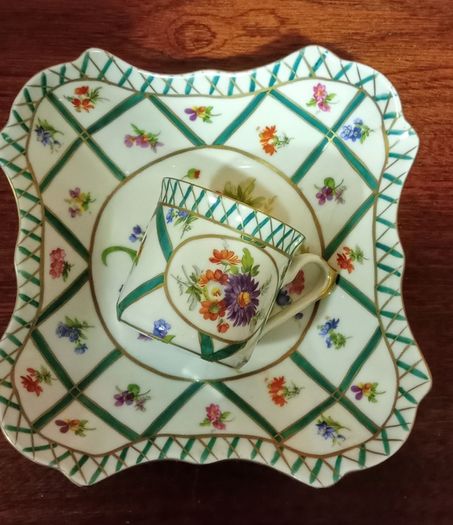 Vintage Paris Royal 'Green Garden' Square Plate and Demitasse Cup.