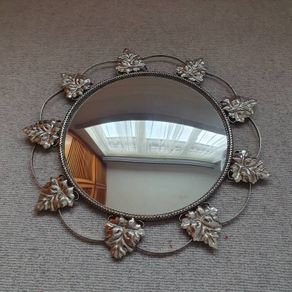 Rare beautiful vintage convex mirror with ivy leaves, refurbished