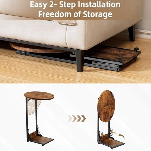 Foldable Side Table Bedside Table, Round Sofa Table with Storage Bag, Metal Frame Small Coffee Table for Living Room Bedroom Office, Rustic Brown & Black