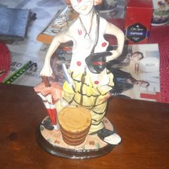 Vintage Hobo Clown Porcelain Figurine with Umbrella & Hat in Hand Leaning on an Umbrella & Barrel, Good Condition, Postage Available or Collection