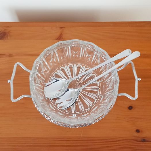 Vintage glass serving bowls sitting on chrome finish ornated frame/plates glass made in France by Reims, spoons in Sheffield