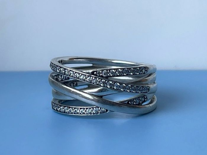 Pandora 925 Silver Sparkling Clear Cubic Zirconia Crossover Ring Size T1/2