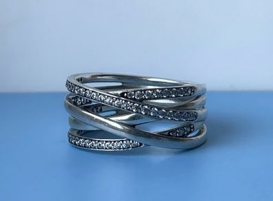 Pandora 925 Silver Sparkling Clear Cubic Zirconia Crossover Ring Size T1/2