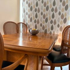 Vintage Solid Beech Wood Extending Dining Table & 6 Rattan Chairs (Made in Singapore)
