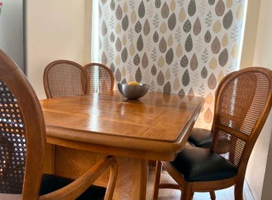 Vintage Solid Beech Wood Extending Dining Table & 6 Rattan Chairs (Made in Singapore)