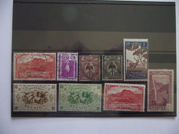 The collection of old stamps from French colonies on stock cards