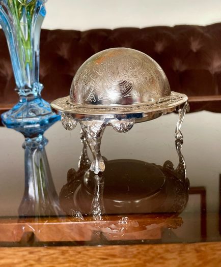 Vintage Silver Colour Roll Top Butter Dish with Glass Insert or Ornate Caviar Server