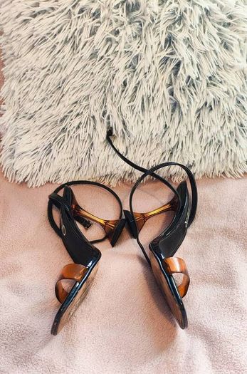 River Island Black Heels with Orange Strap & Acrylic Flared Heel Size UK 6 / EU 39