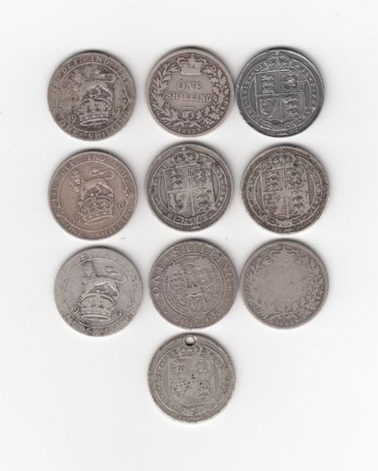 G.B. 10 x 92.5% Silver Coins, 10 x Shilling,1/-, ( no.G28)