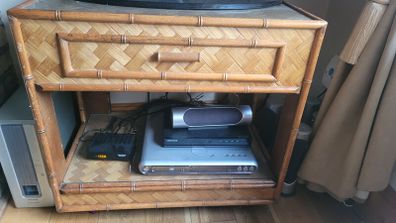 Vintage Rattan and Wood TV Media Stand Unit on Castor Wheels