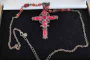 Red stones &amp; cabochons cross pendant necklace with a rosary style beaded chain