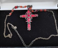 Red stones & cabochons cross pendant necklace with a rosary style beaded chain