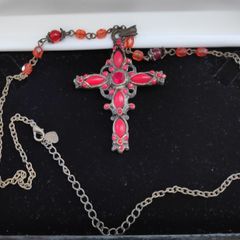 Red stones & cabochons cross pendant necklace with a rosary style beaded chain