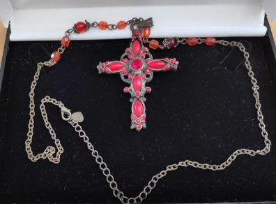 Red stones & cabochons cross pendant necklace with a rosary style beaded chain