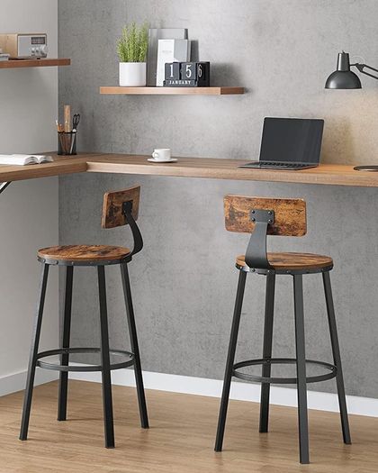 Bar Stools, Kitchen Stools, Set of 2 Tall Bar Chairs with Backrest, Steel Frame, 73 cm High Seat, Easy Assembly, Industrial, Rustic Brown and Black (FREE POSTAGE)