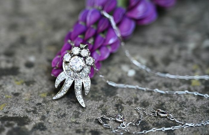 Antique Art Deco Diamond Cluster Pendant Necklace - Platinum