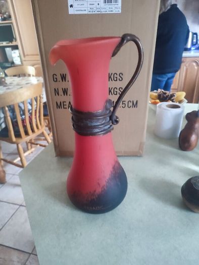 Vintage from the 1990s  Vintage tall heavy Franz Caffrey Aqua Single Handle vessel with copper relief vase/red flower vase/irish artist/irish sculpture
