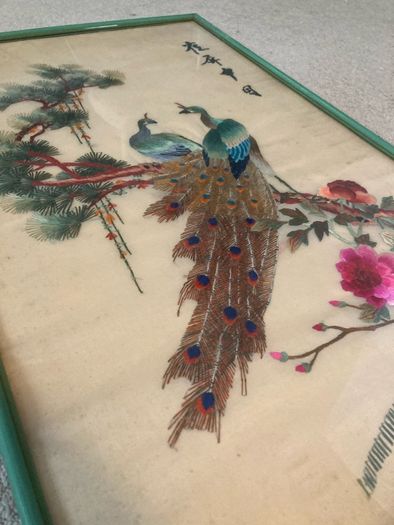 Chinese Silk Peacock Framed Tapestry 1970's