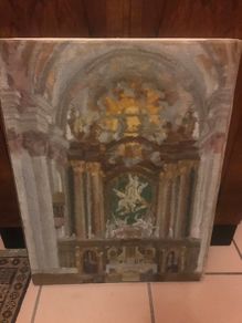 Oil on canvas Church interior 1911 monogrammed