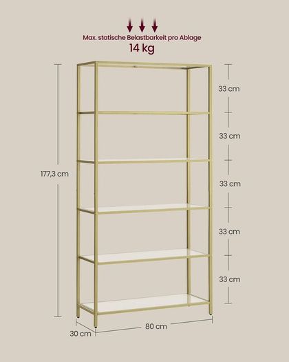 Glass Display Shelf 6 Tier Gold Metal Bookcase Tempered Glass Storage Unit