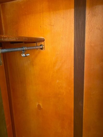 Mid century dressing table, ladies wardrobe, gents wardrobe and double bed.