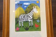Framed art print titled 'Zara the Zebra' by Sophie Harding.