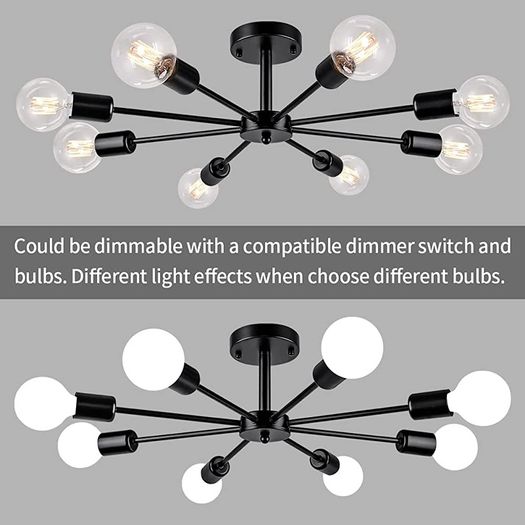 Modern 8 Lights Sputnik Chandeliers Black Semi Flush Mount Ceiling Light Fixture Mid Century Ceiling Pendant Lighting for Living Room Dining Room Bedroom Kitchen (FREE SHIPPING)