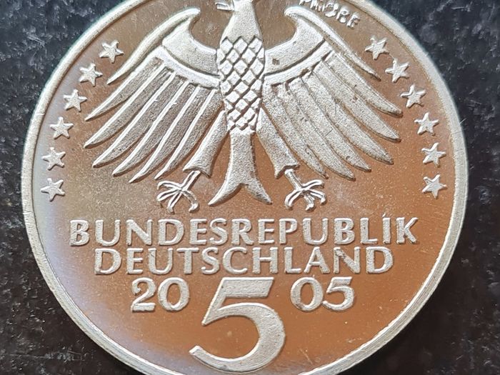 Germany 5 Mark Probe 2005 coin commemorates the 200th anniversary of the death of Johann Christoph Friedrich von Schiller. Proof Like Finish.