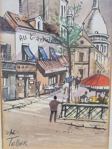 Original watercolor and ink by French artist Louis Tellier