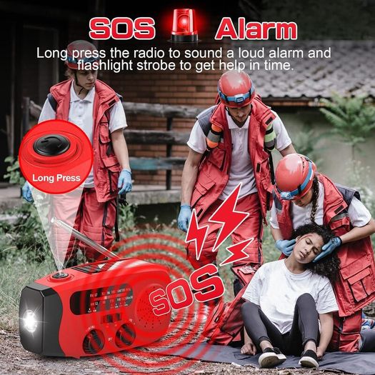 Wind Up Solar Radio, Emergency Radio, Portable Hand Crank Radio, AM/FM Radio with LED Torch, 7400mWh Rechargeable Power Bank, SOS Alarm, USB Phone Charger, Emergency Use for Camping Hiking