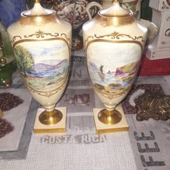 Beautiful Old Sevres Porcelain Urns with Lids, Inscribed Christina T Russell Cumbraes Loch Fyne 17th March 1916 and other one is LOCH LEVEN and LOCH LOMOND 1816