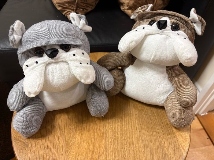 x2 Grey and Brown bulldog fabric door stopper filled with sand