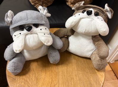 x2 Grey and Brown bulldog fabric door stopper filled with sand