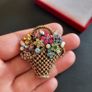 Flower Basket Brooch, Multicolor Rhinestone Floral Bouquet Pin, Gold Tone Woven Basket Jewelry, Retro Spring Garden Theme (X04) Image 4