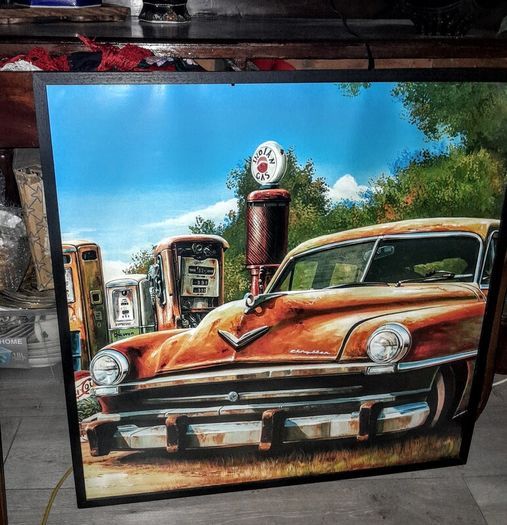 Large retro car picture in frame
