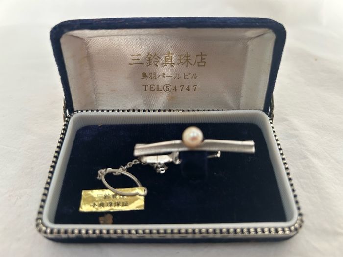 Vintage Japanese Misuzu Genuine Pearl SILVER Tie Clip Bar Boxed Toba Japan