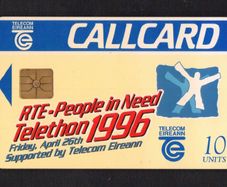 1996 Ireland 10 unit RTE-People in Need Telethon charity event aired by RTE (Gemplus GEM1) Call Card Used. Telecom Eireann card number 1127