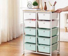 Rolling Cart with Drawers, Double Row 10 Drawer Storage Organizer, Mobile Utility Cart, Wood Top, Steel Frame