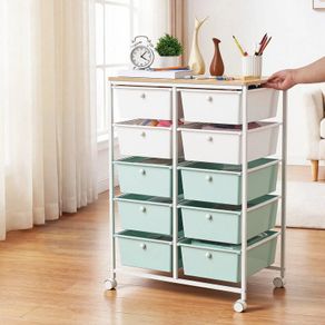 Rolling Cart with Drawers, Double Row 10 Drawer Storage Organizer, Mobile Utility Cart, Wood Top, Steel Frame