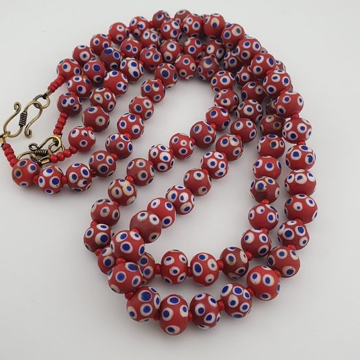 Antique Venetian Style Blue Eyes Red Glass & venetian WhiteHeart Glass Beads Necklace
