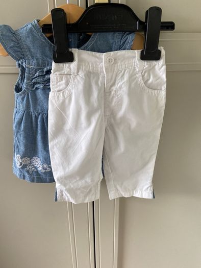 2 piece baby outfit white pants and denim blue top