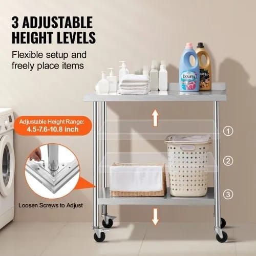 24 x 36 x 40 Inch Stainless Steel Work Table, Commercial Food Prep Worktable with Casters, Heavy Duty Prep Worktable, Metal Work Table with Adjustable Height for Restaurant
