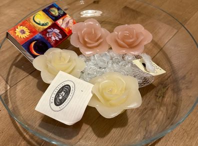 Wax Lyrical flower candles with glass nuggets in glass bowl