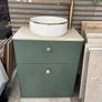 Green bathroom vanity unit with countertop basin and gold tap Image 2