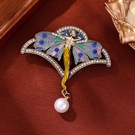 Art Nouveau Style Lady Wings Fairy Pearl Brooch