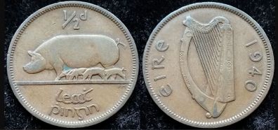 [#1062] - Ireland 1940 | Half Penny | 1/2d | Sow | KM.10