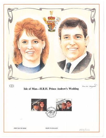 1986 Isle of Man Limited Edition Lithographed Print measuring 333mm X 257 showing Royal Wedding Prince Andrew & Sarah Ferguson Commemorative stamps with First Day of Issue Cancel