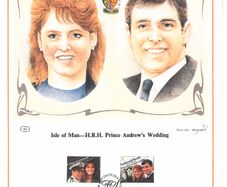 1986 Isle of Man Limited Edition Lithographed Print measuring 333mm X 257 showing Royal Wedding Prince Andrew & Sarah Ferguson Commemorative stamps with First Day of Issue Cancel