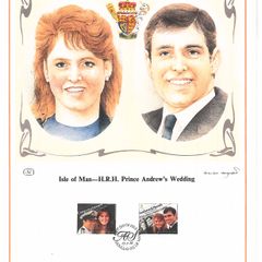 1986 Isle of Man Limited Edition Lithographed Print measuring 333mm X 257 showing Royal Wedding Prince Andrew & Sarah Ferguson Commemorative stamps with First Day of Issue Cancel